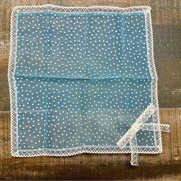 Vintage Blue Polka Dot Lace Handkerchief – “Something Blue” Bridal – 10” - Picture 1 of 5